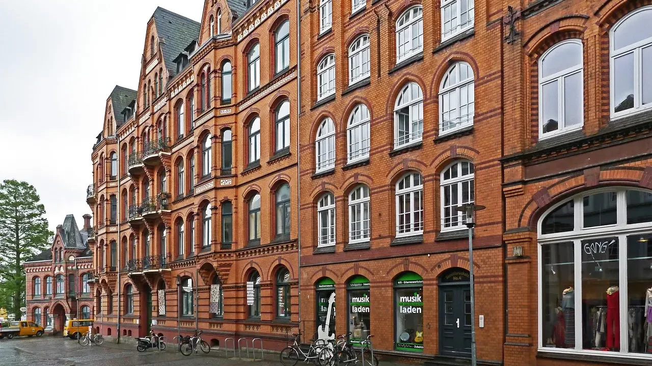 flensburg, ship's bridge road, facade, balconies, commercial building, residential house, old post, restored, brick, north german, architecture, building, house front, urban, wrought iron, flensburg, commercial building, commercial building, commercial building, commercial building, commercial building